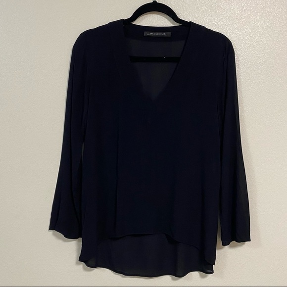 Zara Womens Black Sheer V Neck Top Size 5 - Picture 1 of 4